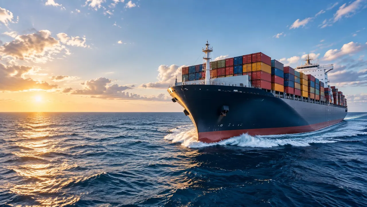 Container ship laden with containers sailing the open sea — SERVO marine lubricants supplied by Interflow Distribution LLP